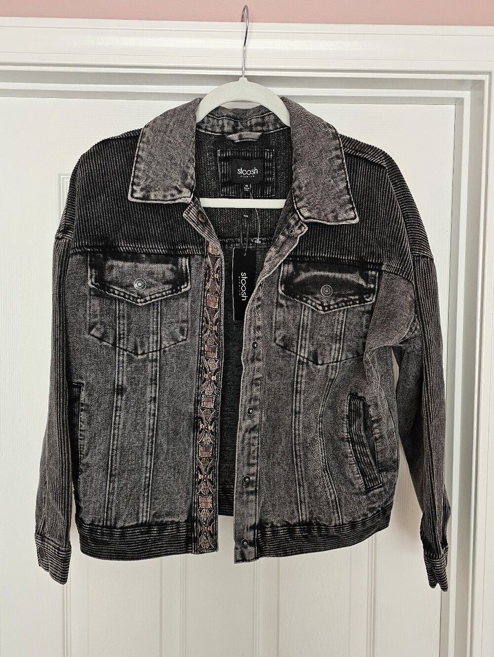 Stoosh Washed Black Denim Jacket with Embroidered Trim